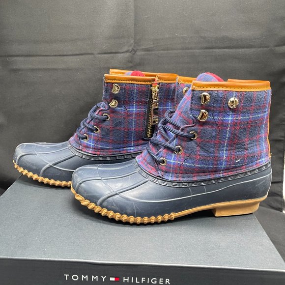 Vintage Tommy Hilfiger Navy Duck Boots Women's Size 7 Navy and Red Plaid - Picture 3 of 9